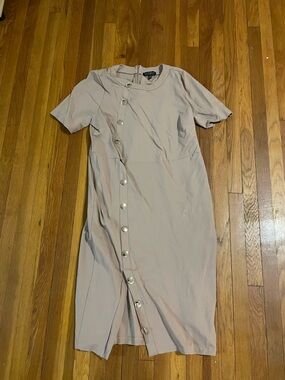 Eloquii Beige Asymmetric Button-Front Midi Dress